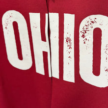 Load image into Gallery viewer, weathered Ohio lettering on red sweatshirt
