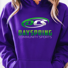 Load image into Gallery viewer, Purple hoodie with Dayspring Community Sports logo on a white background