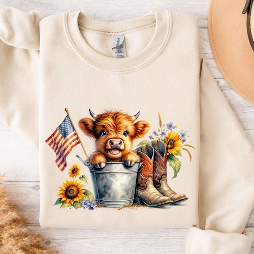 Patriotic Highland Cow Crew Neck Sweatshirt