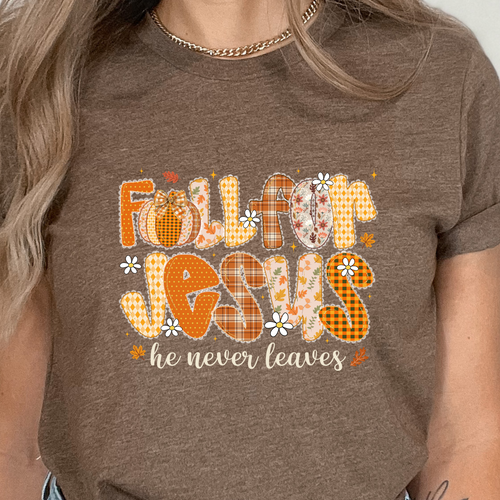 Bella Canvas Brown t-shirt with 'Follow Jesus he never leaves' text and pumpkin patchwork design.