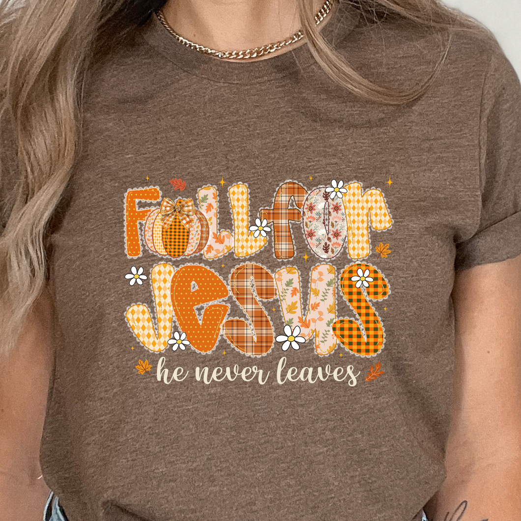 Bella Canvas Brown t-shirt with 'Follow Jesus he never leaves' text and pumpkin patchwork design.