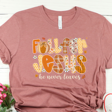 Load image into Gallery viewer, Mauve t-shirt with 'Follow Jesus he never leaves' text and pumpkins design on a white background
