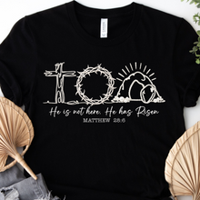 Load image into Gallery viewer, Black t-shirt with He Is Risen In a faux pearl design