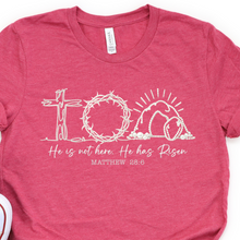 Load image into Gallery viewer, Berry t-shirt with He is Risen faux pearl tomb design