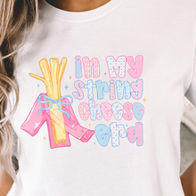 Load image into Gallery viewer, White t-shirt with colorful In My String Cheese Era text