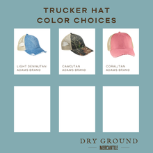 Load image into Gallery viewer, Trucker hat color choices with product images and brand name on a blue background