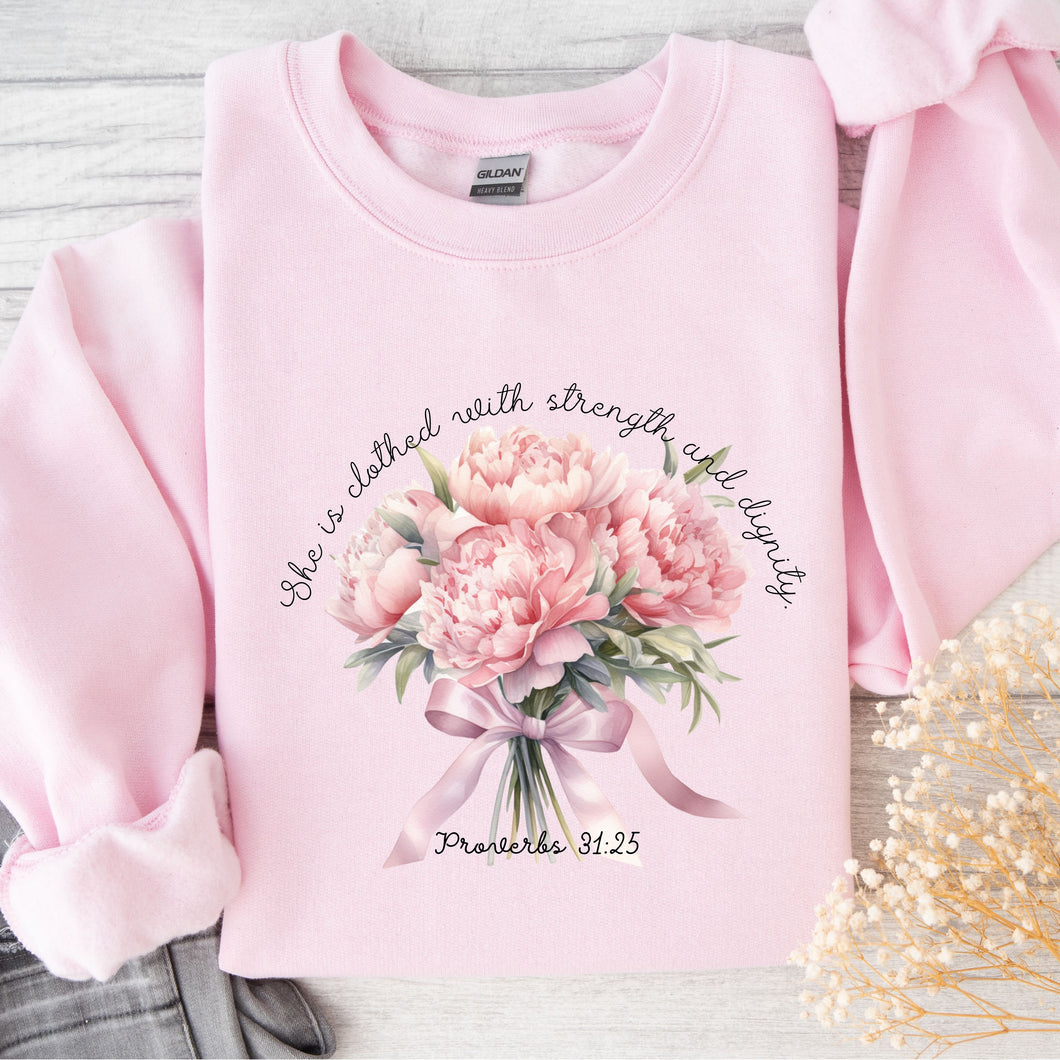 She Is Clothed With Strength And Dignity Pink Crew Neck Sweatshirt