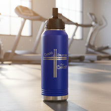 Load image into Gallery viewer, Purple water bottle with Cardio Drumming for Christ and crossed drum sticks engraved.