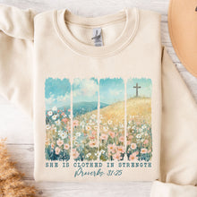 Load image into Gallery viewer, Clothed With Strength Proverbs Crew Neck Sweatshirt Cream Colored