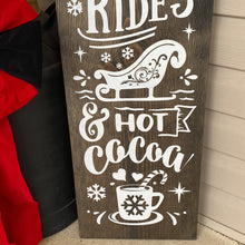 Load image into Gallery viewer, Wooden sign with white text and sleigh and mug graphics on a wooden surface