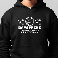 Load image into Gallery viewer, Black hoodie with 'Dayspring Community Sports 2026' design on a plain background