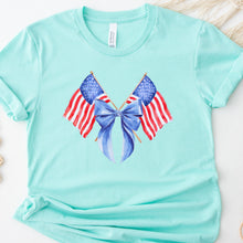 Load image into Gallery viewer, Patriotic Flags Watercolor Style Image Heather Ice Blue T Shirt