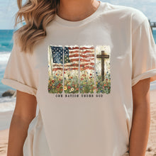 Load image into Gallery viewer, Heather Natural Bella Canvas With One Nation Under God, cross, flag, and wildflowers