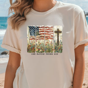 Heather Natural Bella Canvas With One Nation Under God, cross, flag, and wildflowers