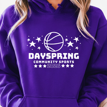 Load image into Gallery viewer, Purple hoodie with 'Dayspring Community Sports 2026' text and basketball design on a white background