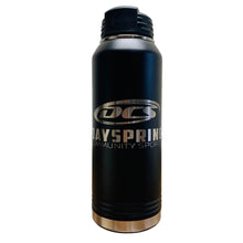 Load image into Gallery viewer, Black water bottle with 'Dayspring Community Sports' branding on a white background