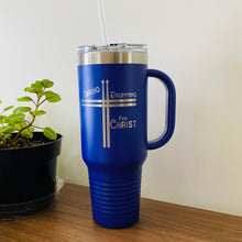 Load image into Gallery viewer, Purple 40 oz travel mug with Cardio Drumming for Christ with crossed drumsticks engraved.