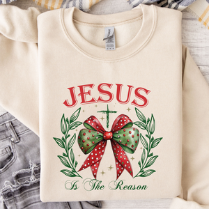 Jesus Is The Reason For The Season With Bow Cream Colored Crew Neck Sweatshirt