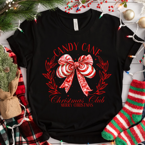 Coquette Bow Candy Cane Christmas Club Black T Shirt