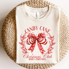 Load image into Gallery viewer, Candy Cane Christmas Club Coquette Bow Heather Natural T Shirt