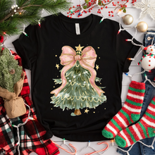 Load image into Gallery viewer, Coquette Bow Christmas Tree Black T Shirt