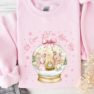 O Come Let Us Adore Him Snow Globe Nativity Pink Crew Neck Sweatshirt