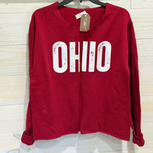 Load image into Gallery viewer, Red open-front Ohio sweatshirt cardigan with distressed white OHIO lettering and cuffed long sleeves, displayed on a hanger.