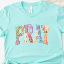 Load image into Gallery viewer, Faux Quilted Pray Word on Ice Blue Bella Canvas T Shirt