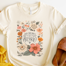 Load image into Gallery viewer, Her Children Rise Up And Call Her Blessed with Flowers on a heather natural Bella Canvas t shirt