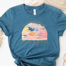 Load image into Gallery viewer, His mercies are made new every morning on a heather deep teal Bella Canvas t shirt