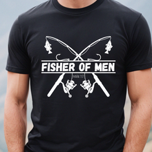 Load image into Gallery viewer, Fisher Of Men With Rod And Reel On Black T shirt