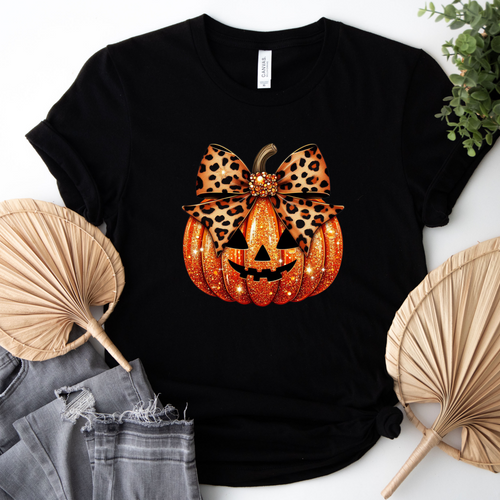 Sparkly Pumpkin With Leopard Print Bow Coquette Style T Shirt