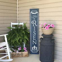 Load image into Gallery viewer, He Is Risen Painted Wood Porch Leaner Sign Dark Blue White Image