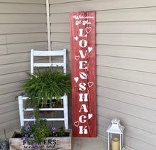 Load image into Gallery viewer, Welcome To The Love Shack Porch Welcome Sign Red Stain White Lettering