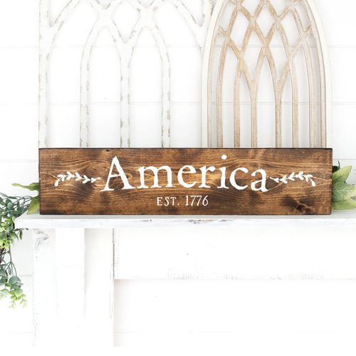 America Established 1776 Wood Sign Dark Walnut White Letters