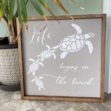 Load image into Gallery viewer, Life Begins On The Beach Painted Wood Sign Gray And White