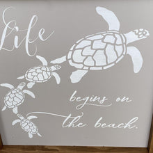 Load image into Gallery viewer, Life Begins On The Beach Painted Wood Sign Gray And White