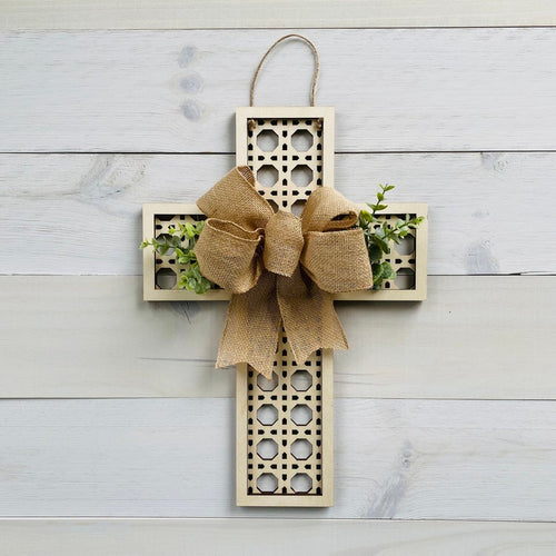 Rattan Style Cross Door Hanger Laser Cut With Burlap Ribbon And Greenery